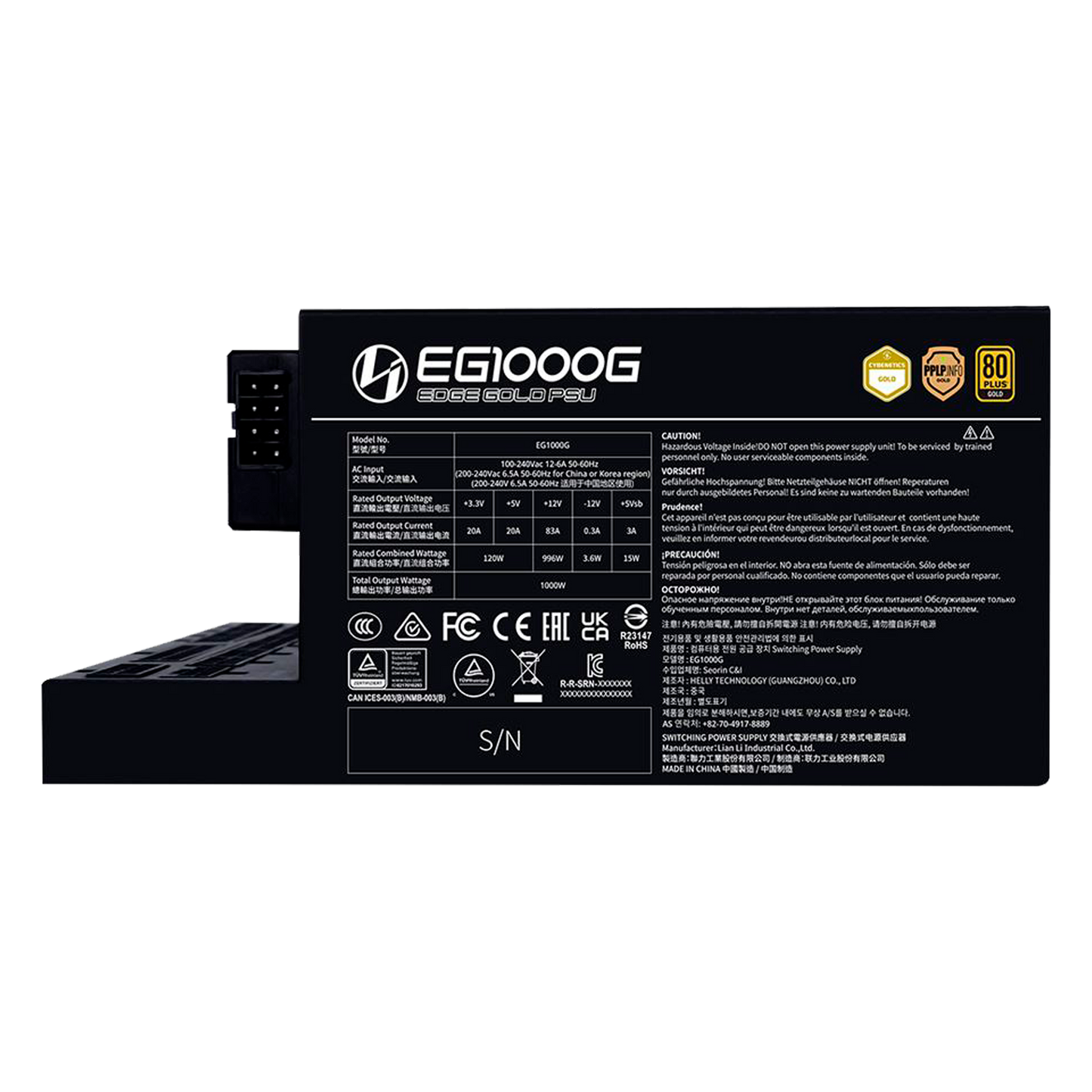 FUENTE CERTIFICADA 1000W LIAN LI EG1000G ATX 3.1 80 PLUS GOLD NEGRA