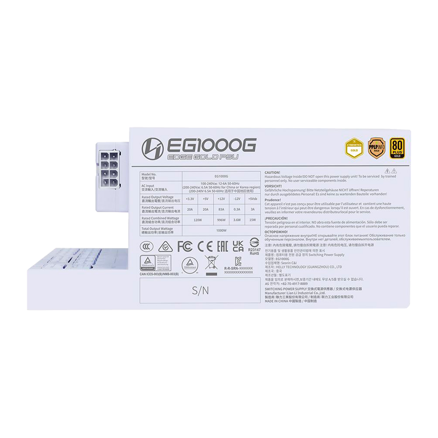 FUENTE CERTIFICADA 1000W LIAN LI EG1000G ATX 3.1 80 PLUS GOLD BLANCA