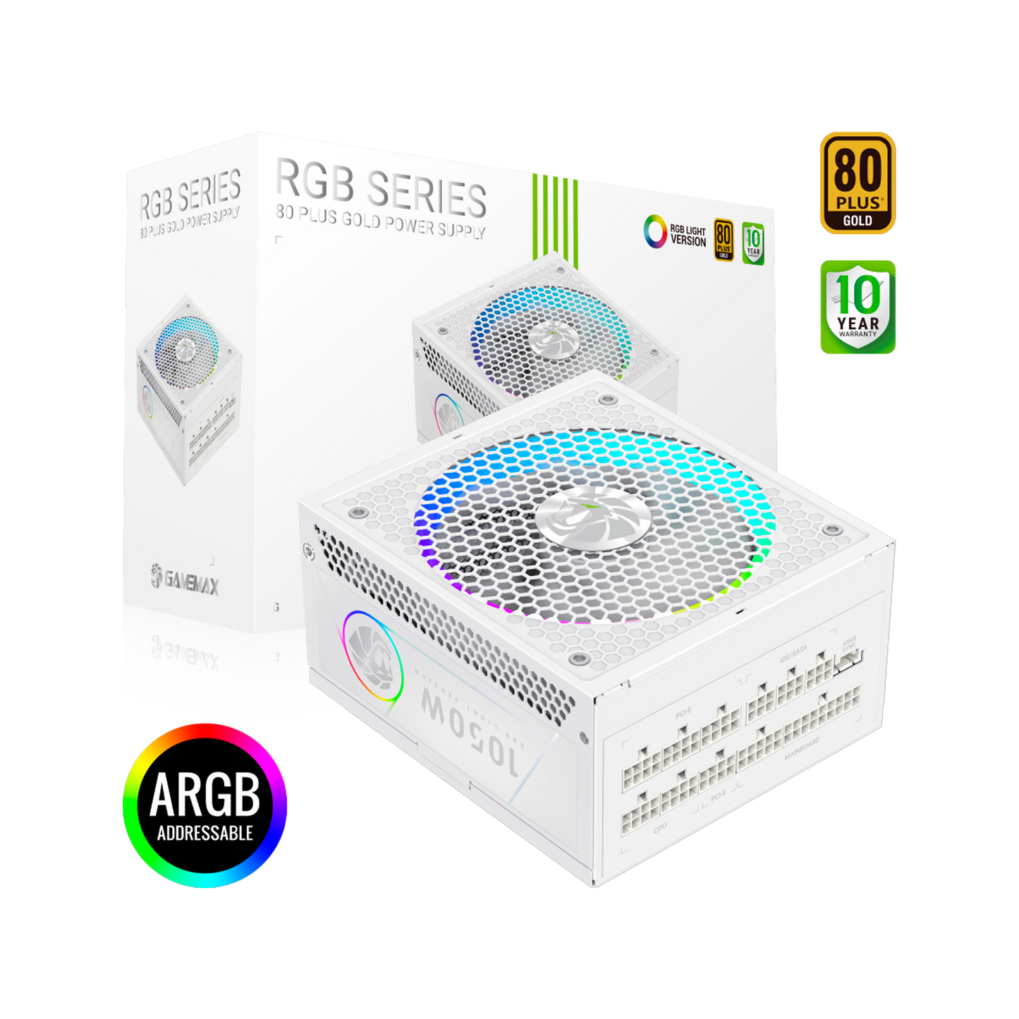 FUENTE CERTIFICADA GAMEMAX 1050W RGB 1050G 80+ GOLD BLANCA